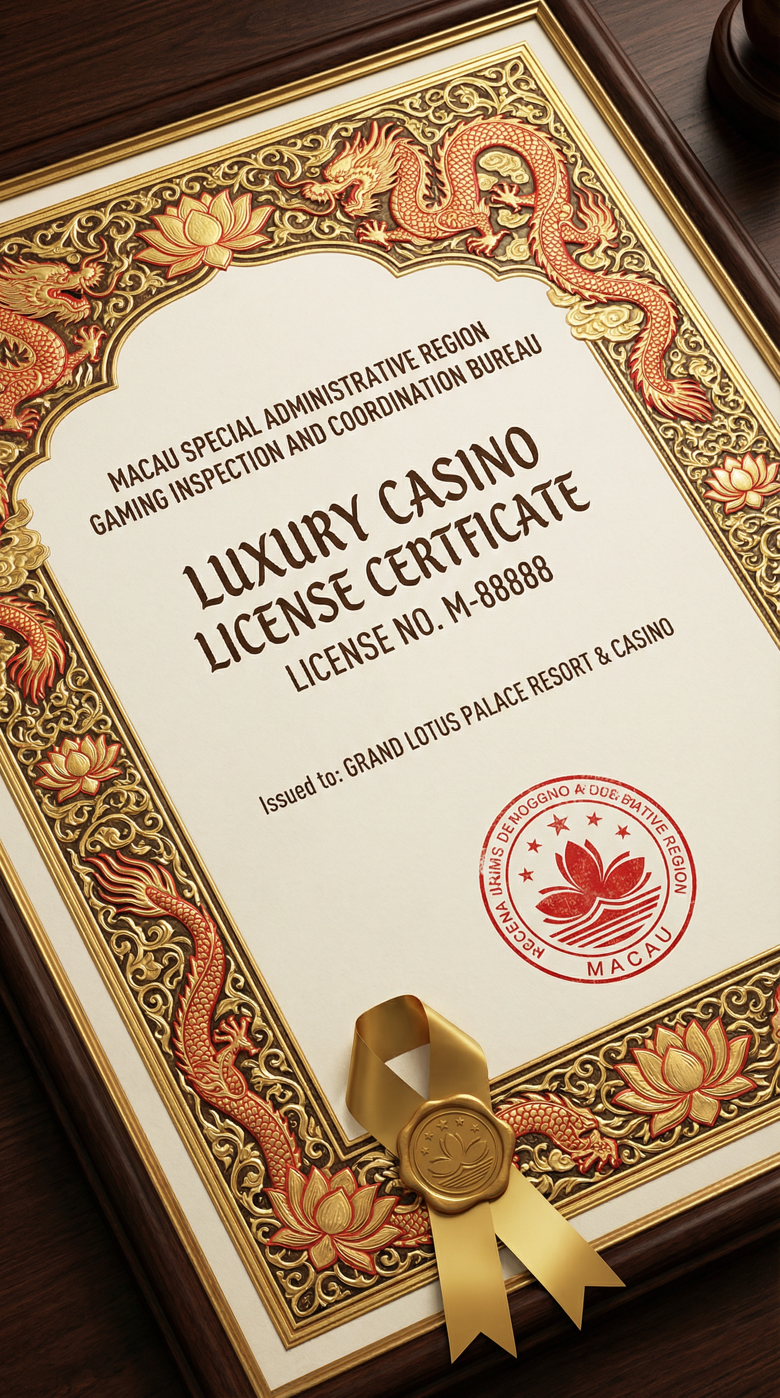 澳门特别行政区博彩监察协调局颁发的博彩牌照证书